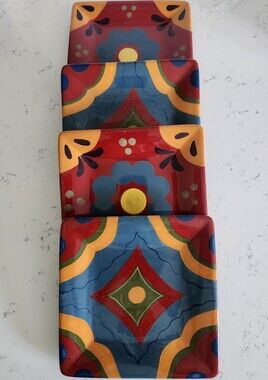 Home Studio Baja Collection Square Appetizer Plates Ceramic Set of 4 Multicolor